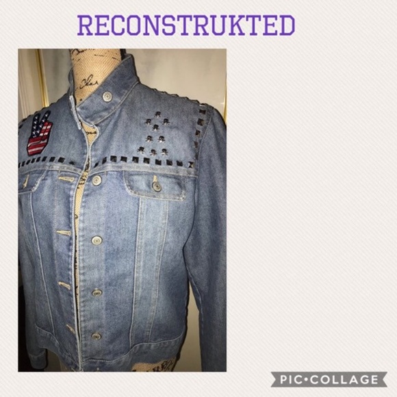 Up-Cycled Union Jack Denim Jacket W/Peace Patch & Silver Studs~Moto Style~Med/La - Picture 4 of 6